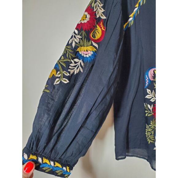 Misa Los Angeles Womens XS Embroidered Boho Peasant‎ Cotton Top Tassels Black - Picture 3 of 8